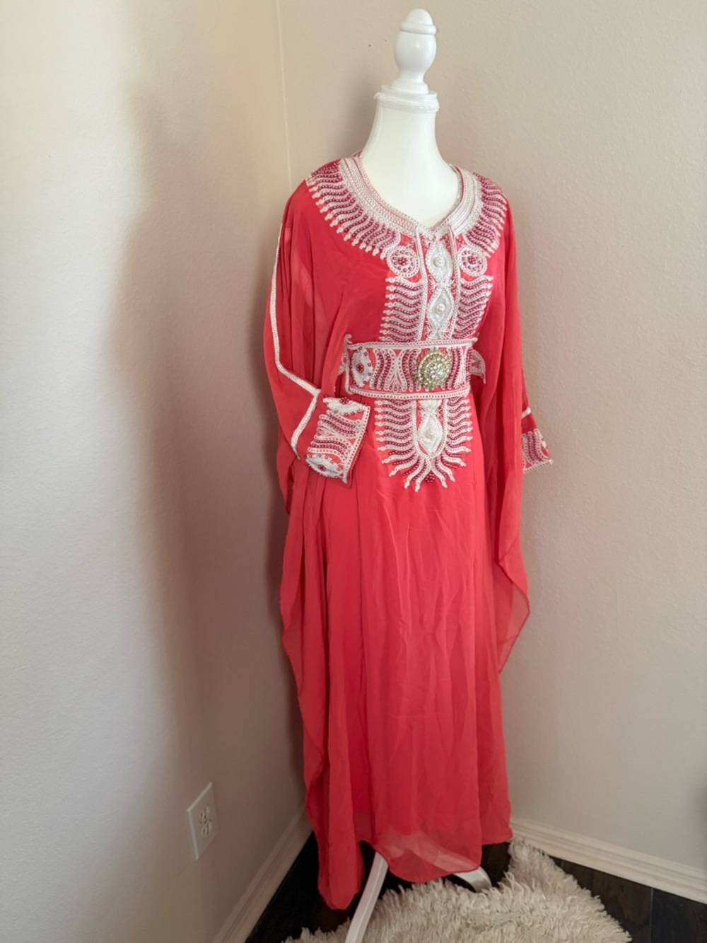 Luxury Moroccan Farasha Kaftan 2-Piece Set – Coral Red Embroidered Dress - Picture 11 of 14